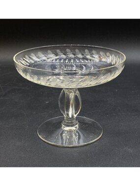 Antique Pedestal Footed Stem Tazza Compote Crystal Etched Design 3.5” X 4.5”